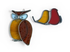 VTG STAINED GLASS Owl and Love Birds Suncatcher, likely 1970s