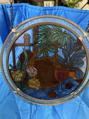 Vintage Berries & Wine Flowers Still Life Painting Stained Glass Sun Catcher 10”