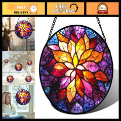 Fuchsia Abstract Flowers Stained Glass Suncatcher – 15″ Window Decor Gift for Mo