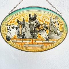 Amia 5 Horses Suncatcher Stained Glass Hand Painted Western Decor Amber/Teal 9×7