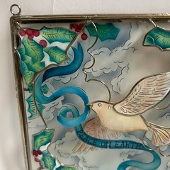 Vintage White Dove Sun Catcher Peace on Earth Glass Metal Panel Christmas bird