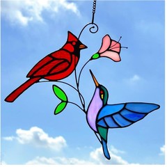 Red Cardinal Hummingbird Stained Glass Suncatcher