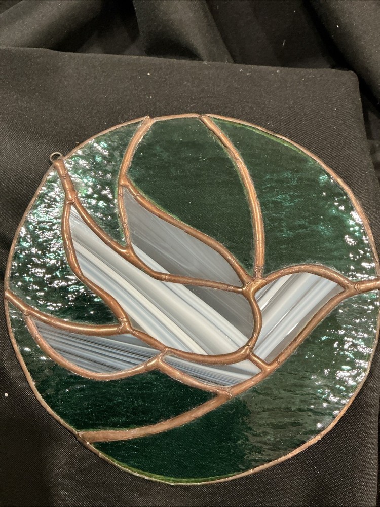 Stained Glass Dove Sun Catcher By Artist Jim Flower Green, Gray Striped 7 1/4”