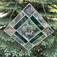 Vintage 8”x8” Green & Clear Square Stained Glass Sun Catcher W/ Etched Loon