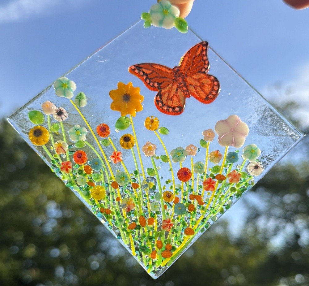 Fused Glass Handmade Diamond Shaped Multicolored Sun Catcher Signed By Artist