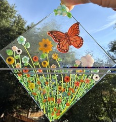 Fused Glass Handmade Diamond Shaped Multicolored Sun Catcher Signed By Artist