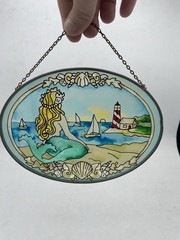 Handmade Stained Glass Figural Mermaid Window Hanging Sun Catcher Lighthouse