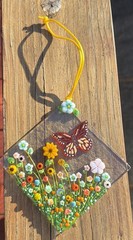 Fused Glass Handmade Diamond Shaped Multicolored Sun Catcher Signed By Artist