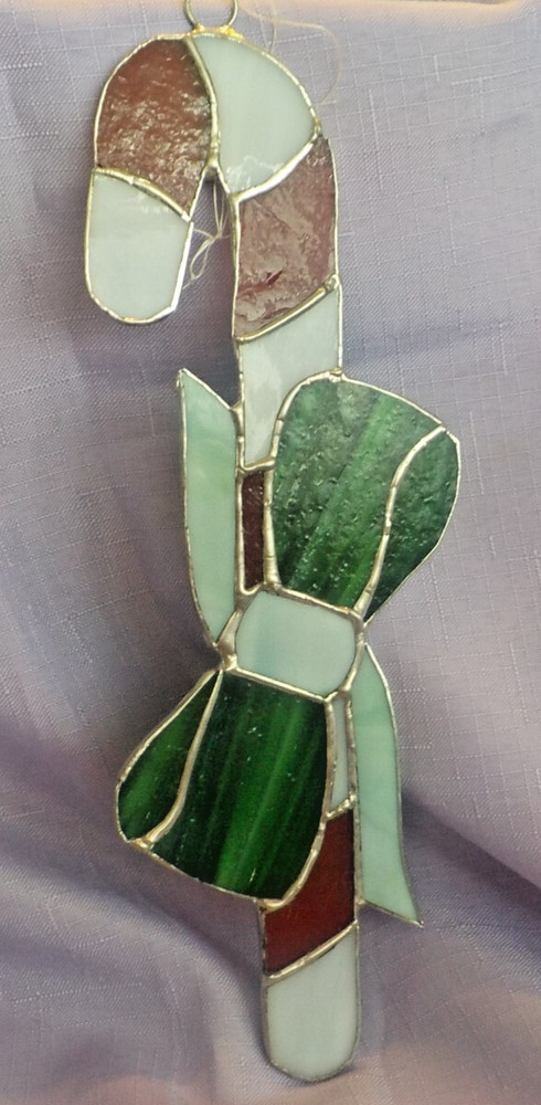 White & red candy cane Stained Glass Suncatcher Authentic Handmade w/ green bow