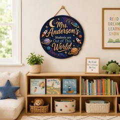 Personalized Space Teacher Wooden Sign with Rope Door Hanger Classroom Decor