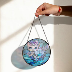 Cute Mermaid Cat Stained Glass Suncatcher, Fantasy Ocean Window Art