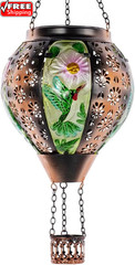 Hummingbird Hot Air Balloon Solar Lantern, Metal & Glass Flickering Flame Light