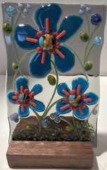 Fused Glass Handmade Rectangular Multicolor Flower Sun Catcher Signed W/Stand