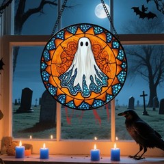 Halloween Ghost Stained Glass Suncatcher Spooky Decor for Doors & Gardens