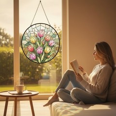 Tulip Flowers Stained Glass Suncatcher, Colorful Tulip Bouquet Window Hanging