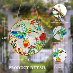 Stained Glass Suncatcher Spring Flowers & Hummingbird 8 Inch Handmade