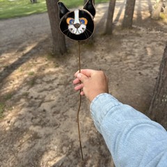 Vintage Stained Glass Suncatcher Black Cat Leaded Art Plant Stake blue eyes Cute