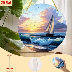 Retro Nautical Sailboat Sunset Acrylic Suncatcher Round Coastal Beach Patio Gift