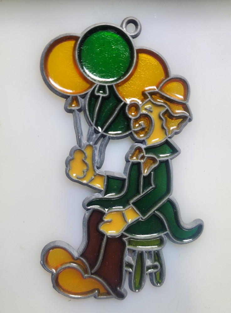 Vintage 80’s Stained Glass Style Acrylic and Metal Clown Sun Catcher Balloons