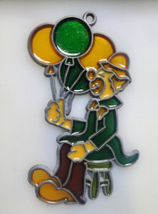 Vintage 80’s Stained Glass Style Acrylic and Metal Clown Sun Catcher Balloons