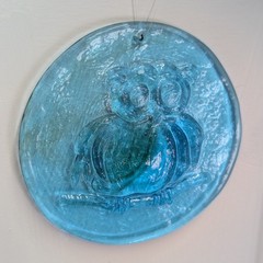 Vintage Brilliant Blue Owl Suncatcher Glass Round Disk Textured Raised Ornament