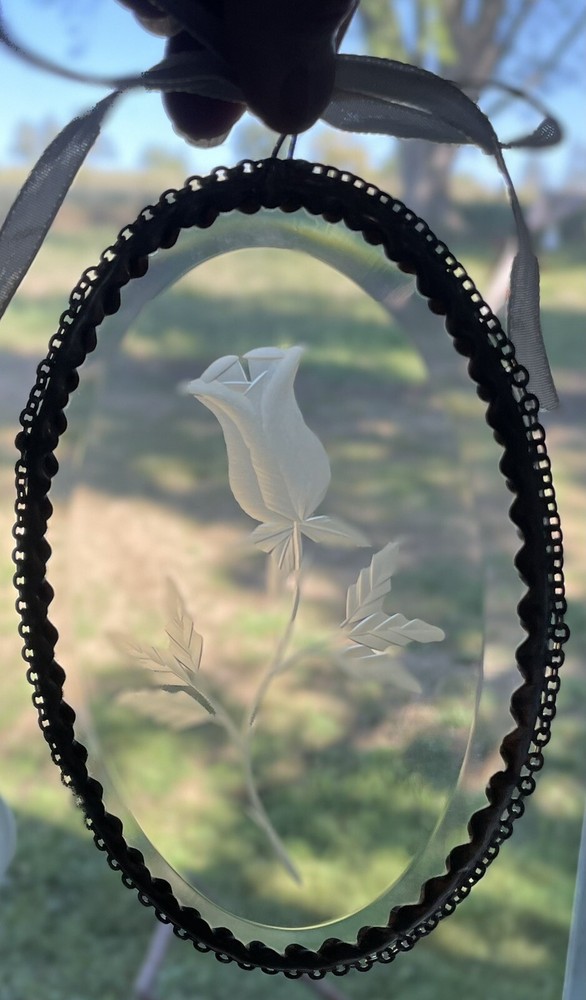 Rose Etched Beveled Glass Suncatcher w/Silver Chain Trim