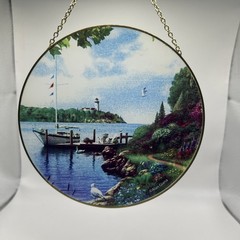 Sun Catcher Lighthouse, Sail Boat Round Hanging Decor Nautical Gold Trim