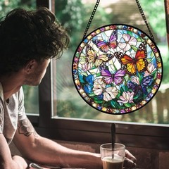 Colorful Butterfly Stained Glass Suncatcher for Home Decor & Gifts 14.9″x14.9″