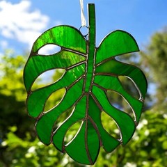 NEW 2 Pcs Monstera Deliciosa Leaf Sun-catcher Stained Glass Tropical Home-Office