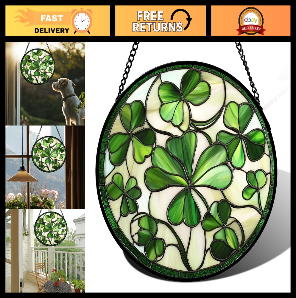 Stained Glass Clover Suncatcher – Green Irish Decor for St. Patrick’s Day, Garde