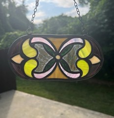 Hanging Stained Glass & Metal Suncatcher, Multicolor, approx 7” x 3”