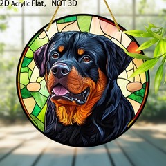 Friendly Rottweiler Dog Portrait Colorful Green Geometric Acrylic Suncatcher