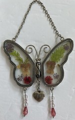 Banberry Designs Butterfly Glass Art Sun Catcher Real Pressed Flowers Sister