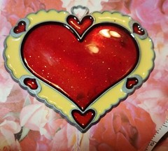 Vintage Sun Catcher Glitter Heart Red and Cream with Mini Hearts 3.5×4″ Acrylic