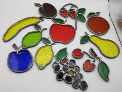 BLUE PLUM SIGNED by Artist Rubins Vtg Handmade Stained Glass Sun Catcher Window