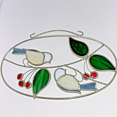 Juhlin Glass Studio Stained Glass Chickadee & Cherries Oval Ring Window Hanging