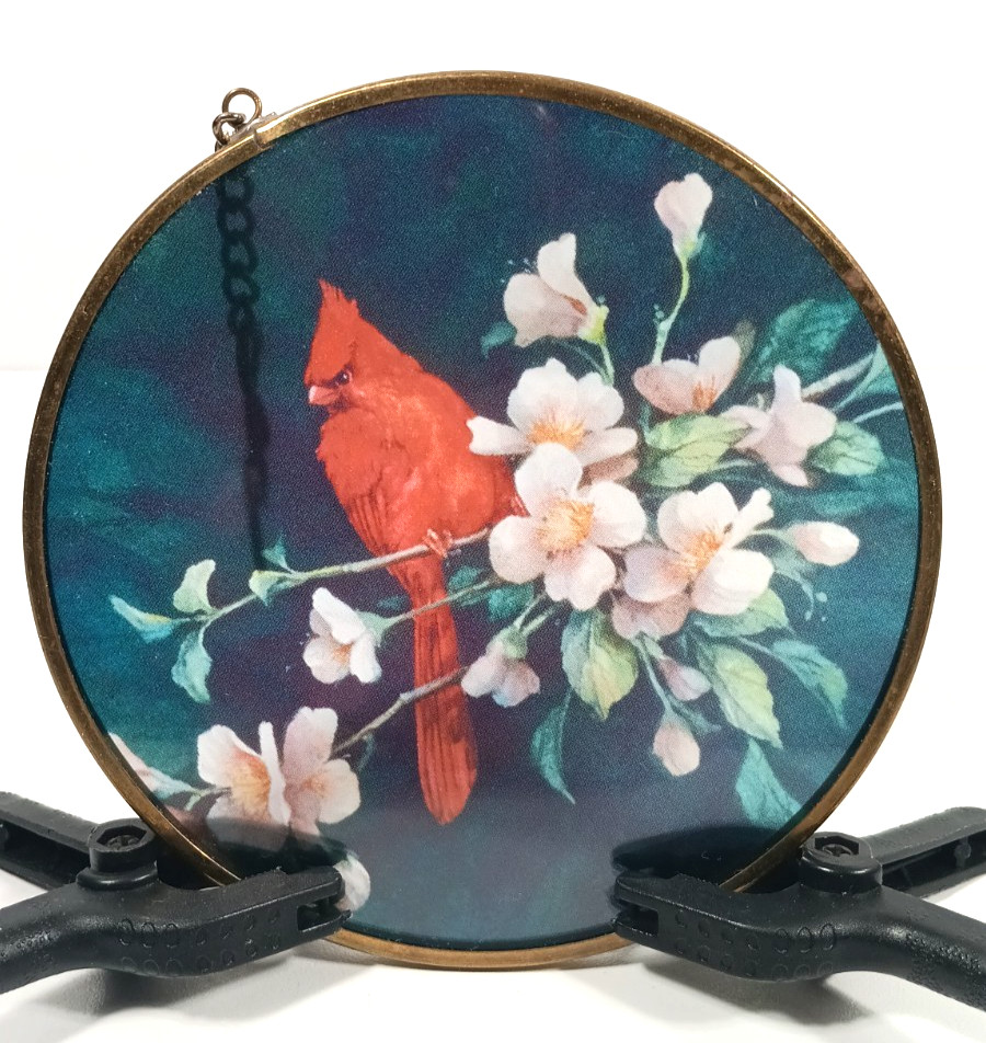 4 5/8″ Circular Hanging Stained Glass Cardinal Flowers Window Sun Catcher