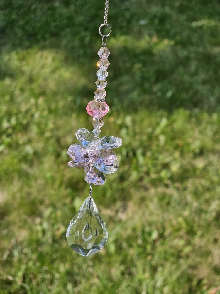 Handmade Clear & Pink Crystal Suncatcher Ornament Silver Sun Beaded In/Outdoor