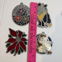 Lot Of Vintage Resin Stain Glass Sun Catchers Cat Poinsetta Lion Lamb Flowers