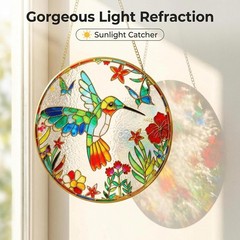 Stained Glass Suncatcher Spring Flowers & Hummingbird 8 Inch Handmade