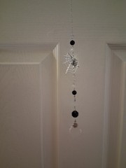 Spider Web Hanging Suncatcher Mobile, Crystal Drops, Black Clear Beads, Silver
