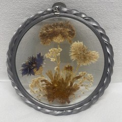 Vintage Round Suncatcher Pewter Beveled Glass Dried Flowers Cottage Core Decor
