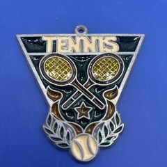Vtg 90s Tennis Sun Catcher Racquets Ball Laurels Green Yellow Glitter Pentagon