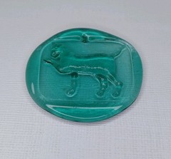 Vintage Pressed Art Glass Suncatcher Medallion Blue Green Kitty Cat