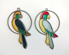 Vintage Parrot Stained Glass Sun Catchers Hanging Set of 2 Multicolor