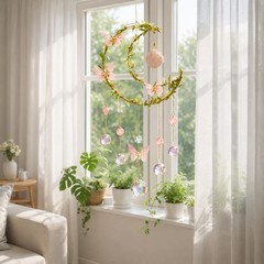 Handmade Butterfly & Pink Flower Moon Suncatcher, Crystal Window Decor 8*8in