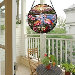 “Flamingo Wildflowers Stained Glass Suncatcher for Home Garden Decor 6.3 in”