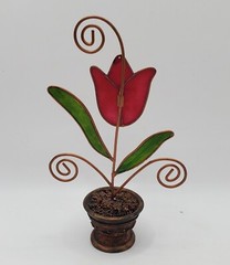 Vintage SunCatcher Red Tulip Green Leaves Metal Brown Flower Pot Photo Holder 6″