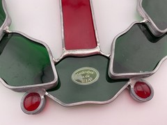 Vintage Stained Glass Christmas Wreath Candle Hanging Suncatcher Handmade USA A2