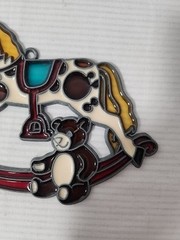 Vtg Rocking Horse & Teddy Bear Hanging Sun Catcher Resin Stained Glass